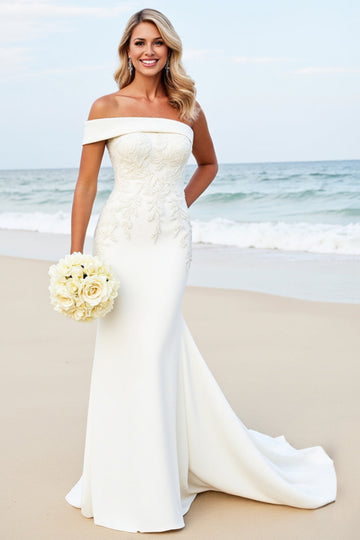 White Off the Shoulder Lace Mermaid Wedding Dress